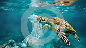 Turtle consuming plastic bag visualizing ocean plastic pollution, an environmental crisis photo