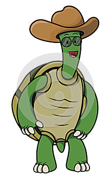 Turtle With Cowboy Hat Cartoon Color Illustration