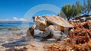 Turtle crawls slowly on sand, enjoying beautiful tropical coastline generated by AI