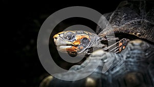 Turtle on a dark background close-up, Centrochelys sulcata