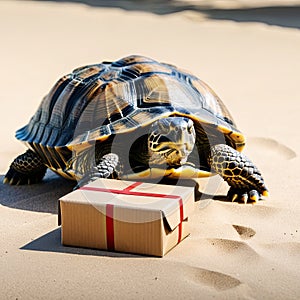 Turtle delivering shipping box. Generative Ai
