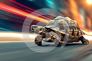 A turtle that fast runs in blur background .generative AI