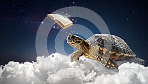 Turtle floating on clouds with book