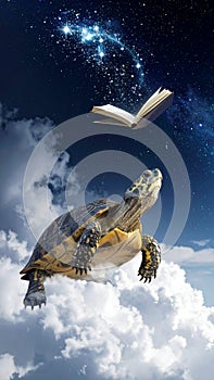 Turtle floating on clouds with book