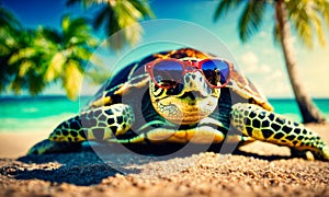 turtle with glasses on a background of palm trees. Selective focus.