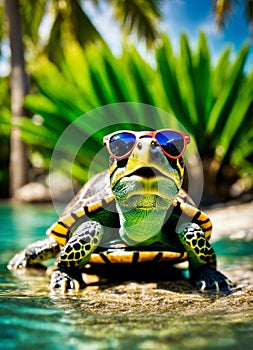 turtle with glasses on a background of palm trees. Selective focus.