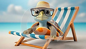 A funny turtle with glasses and a hat chilling on a beach chair on the beach drinking cocktails. Senior vacation concept