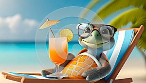 A funny turtle with glasses chilling on a beach chair on the beach drinking cocktails. Senior vacation concept