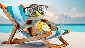 A funny turtle with glasses chilling on a beach chair on the beach drinking cocktails. Senior vacation concept