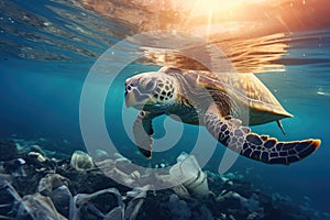 A turtle gracefully swims in the ocean alongside a troubling accumulation of human waste, Sea turtle surrounded by plastic garbage