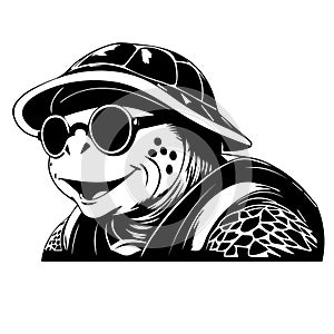 Turtle in a hat and sunglasses. Vector illustration. black and white