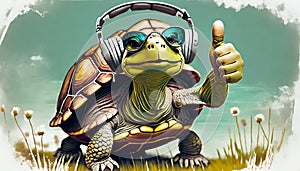 turtle with headphones listening to music and sleeping on a mountain