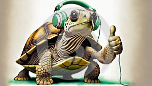 turtle with headphones listening to music and sleeping on a mountain