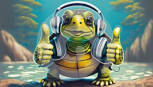 turtle with headphones listening to music and sleeping on a mountain