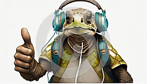 turtle with headphones listening to music and sleeping on a mountain