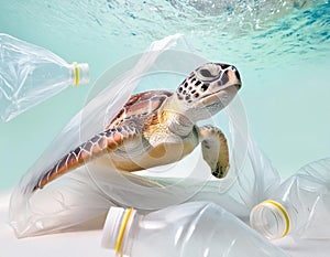 Turtle inside a big plastic bag in ocean, underwater