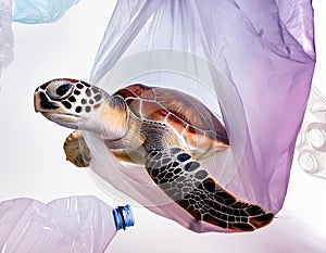 Turtle inside a big plastic bag in ocean, underwater