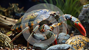 A turtle and lobster chimera with red and orange markings on its shell is walking along rocks, AI