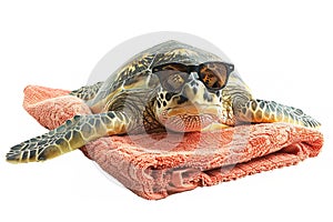 A turtle lying on a beach towel with sunglasses on, soaking up the sun's rays.
