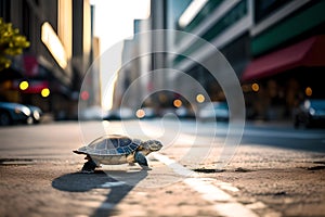 Turtle moving very quickly down a busy city street. AI generated content