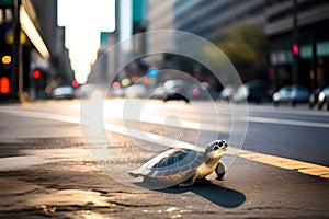 Turtle moving very quickly down a busy city street. AI generated content