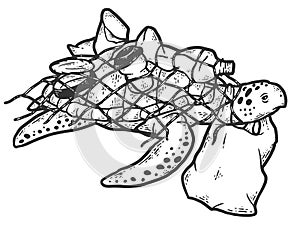 Turtle in net with plastic bottles, concept cleanliness. Sketch scratch board imitation coloring.