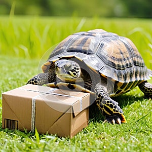 Turtle with a package on grass. Generative Ai