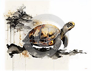 The turtle painted in the way of chinese style with chinese castle in background.