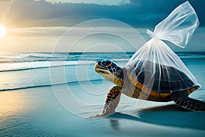 A turtle in a plastic bag. Let's save the ocean.