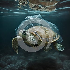 Turtle with plastic bag swimming in the ocean. Plastic waste pollution concept.