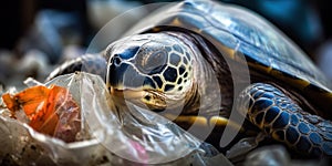 Turtle among plastic garbage from ocean on the beach during sunset. AI generative illustration