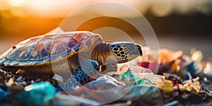 Turtle among plastic garbage from ocean on the beach during sunset. AI generative illustration