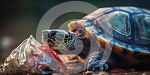 Turtle among plastic garbage from ocean on the beach during sunset. AI generative illustration