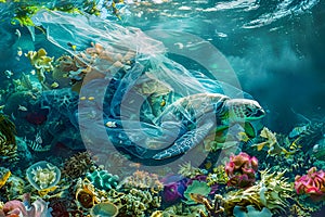 Turtle in plastic waste. Water pollution