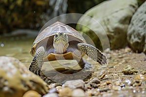 turtle plodding forward, head extended towards camera