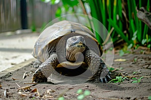 turtle plodding forward, head extended towards camera