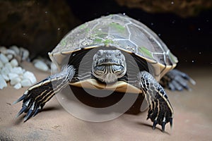 turtle plodding forward, head extended towards camera