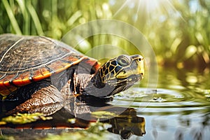 Turtle pokes its head out of the water,pond, sideview, Generated AI