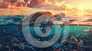 The turtle in polluted ocean. AI generated