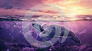 The Turtle in Polluted Ocean. AI generated