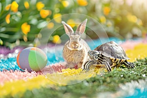 Turtle and rabbit on racing track easter theme. Generative AI
