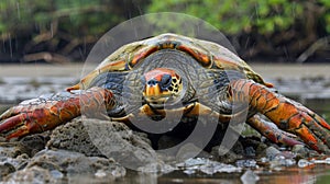 A turtle with a red and orange shell sitting on top of rocks, AI