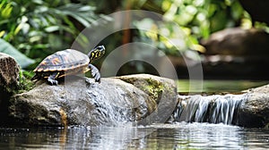 Turtle resting on a rock near a small waterfall in a lush, tropical environment photo