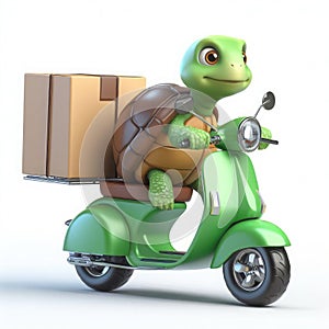 Turtle rides a scooter on a white background. Delivery service
