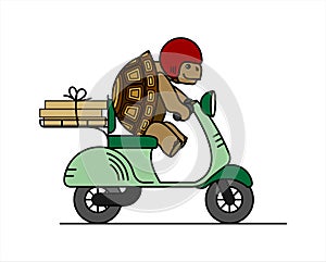 Turtle is riding a scooter; slow delivery; cute turtle in a helmet carries boxes on a moped; cardboard boxes; symbol of slowness; photo