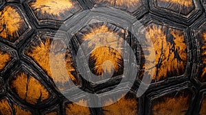 Turtle shell texture with copy space. Close-up turtle pattern. Reptile shell design. Detailed turtle shell close-up.