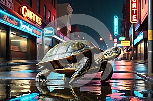 turtle showcasing incredible speed on an urban thoroughfare, bustling with nocturnal activity, background blur