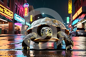 turtle showcasing incredible speed on an urban thoroughfare, bustling with nocturnal activity, background blur