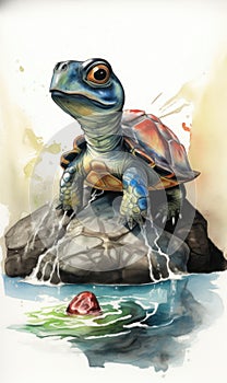 Turtle Sitting on a Rock in a Splash of Color