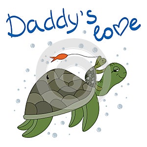 A turtle and a small turtle are playing under the water. Daddy`s love